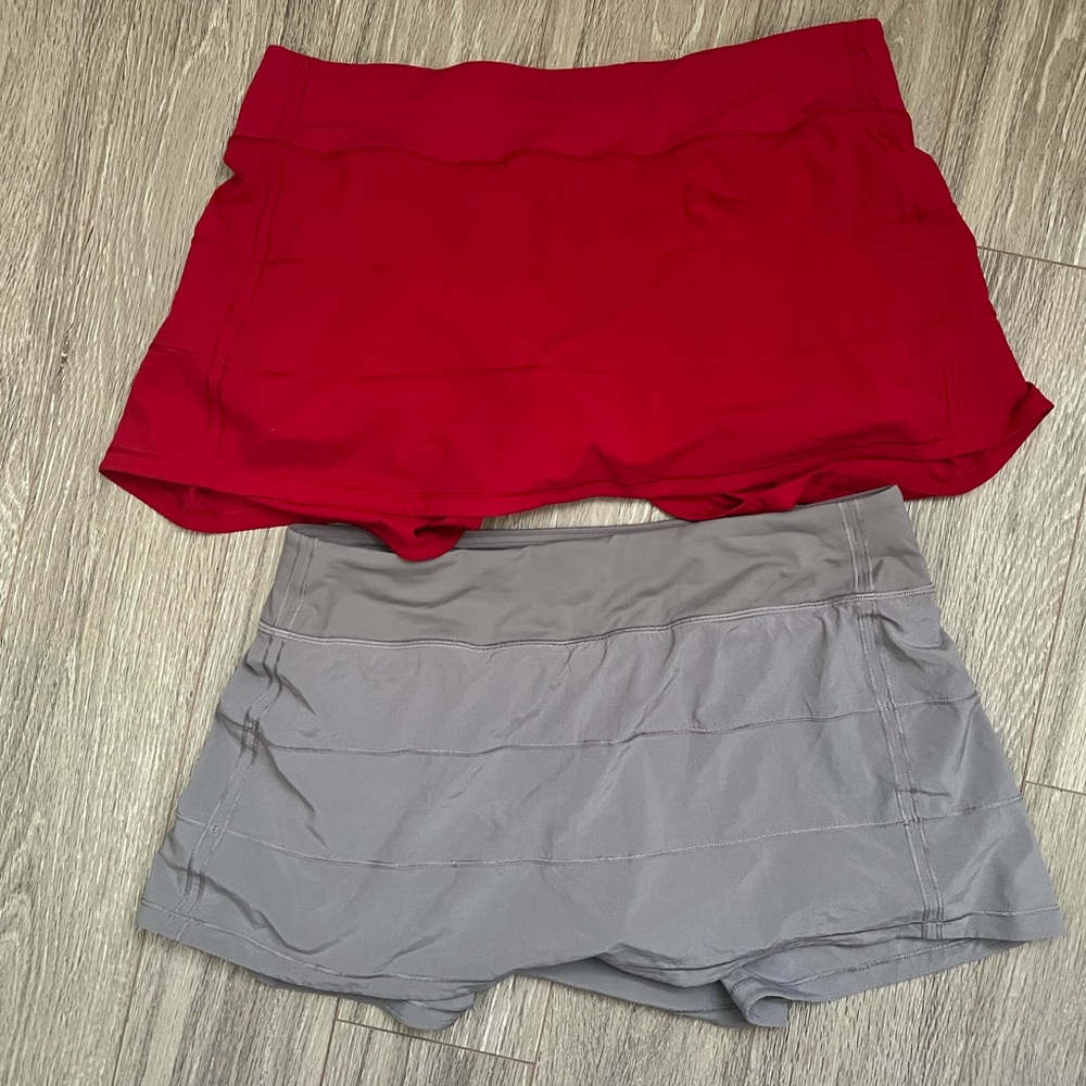Red and Gray Lululemon Pace Rival Tennis Skirts